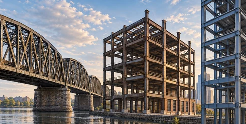 Riveted steel bridge, early steel-frame building, and modern high-rise frame show how steel construction has evolved.