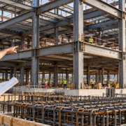 Engineer points to the steel beam-and-column frame of a multi-story building, with reinforcing steel visible in front.