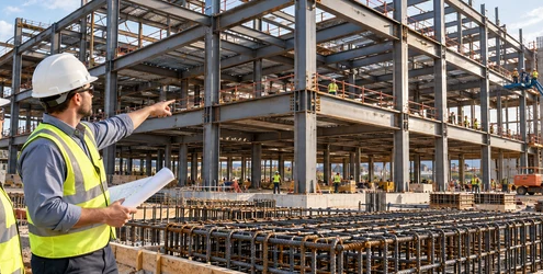 Engineer points to the steel beam-and-column frame of a multi-story building, with reinforcing steel visible in front.