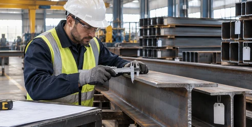 Materials inspector checks a structural steel section with a caliper before it is used on a project.
