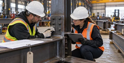 Steel fabricator and inspector check a structural beam connection and weld against shop drawings in a fabrication workshop.
