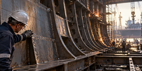 Inspector checks heavy steel plating and hull framing inside a ship under construction.