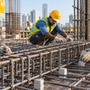 Workers tie steel reinforcement bars into a measured slab cage with spacers for concrete cover