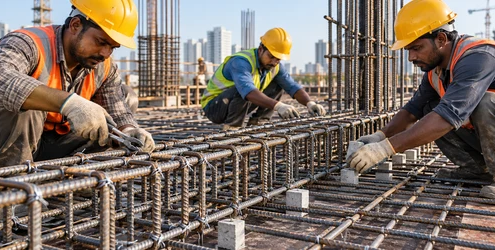 Workers tie steel reinforcement bars into a measured slab cage with spacers for concrete cover