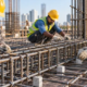 Workers tie steel reinforcement bars into a measured slab cage with spacers for concrete cover