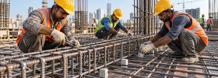 Workers tie steel reinforcement bars into a measured slab cage with spacers for concrete cover