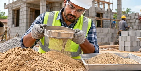 Builder checks construction sand through a hand sieve at a house-building site before masonry and concrete work.