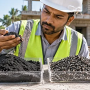 Materials engineer examines black sand and graded aggregate samples before selecting material for house construction