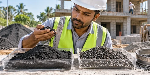 Materials engineer examines black sand and graded aggregate samples before selecting material for house construction