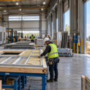 Workers assemble modular wall panels in a factory as a crane installs a prefabricated section on site