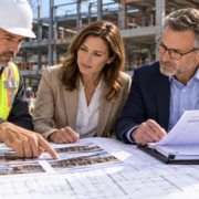 Commercial property owner, lender, and contractor review construction plans, staged loan draws, and inspection progress at an active building project