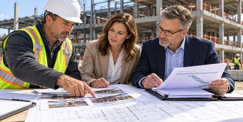 Commercial property owner, lender, and contractor review construction plans, staged loan draws, and inspection progress at an active building project