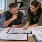 Estimator compares a commercial project bid with a residential build estimate on construction plans.