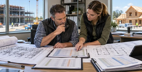 Estimator compares a commercial project bid with a residential build estimate on construction plans.