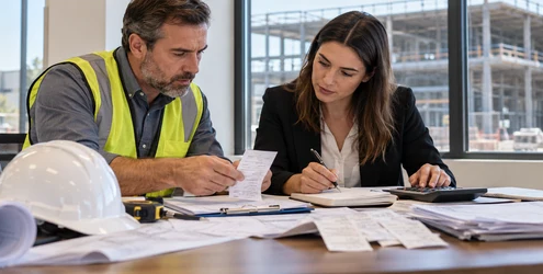 Construction estimator and accountant reviewing commercial building invoices and tax records