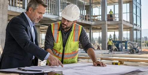Contractor and owner reviewing plans before a commercial construction loan