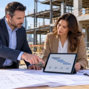 Developer and lender review a commercial construction loan draw schedule and building plans at an active jobsite