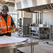 Contractor measuring plans for a stainless steel commercial kitchen fit-out