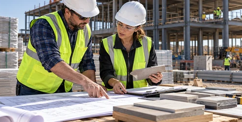 Construction managers compare material quantities and building plans on a jobsite to control commercial construction costs.