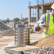 Engineer checks a construction sand sample beside a sieve stack and aggregate piles to assess grading and material quality.