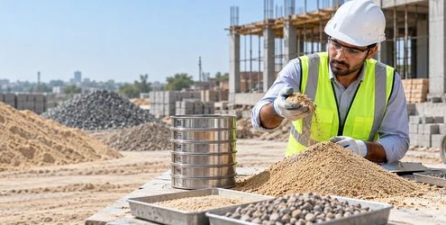 Engineer checks a construction sand sample beside a sieve stack and aggregate piles to assess grading and material quality.