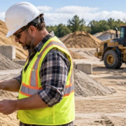 Contractor checks a sand sample at a supplier yard before loading a delivery truck.