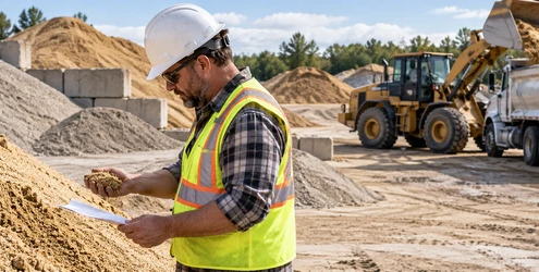 Contractor checks a sand sample at a supplier yard before loading a delivery truck.