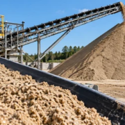 Clean washed construction sand leaves a screening conveyor at an aggregate yard.