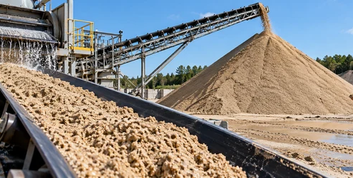Clean washed construction sand leaves a screening conveyor at an aggregate yard.