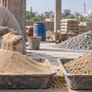 Bricklayer compares fine mason sand with coarser construction sand at a building site.