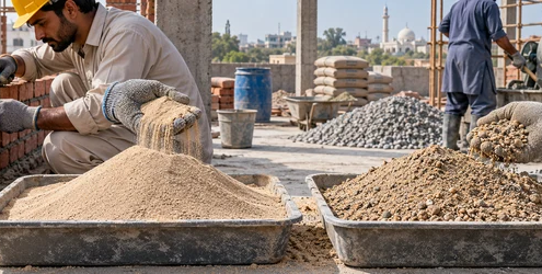 Bricklayer compares fine mason sand with coarser construction sand at a building site.