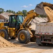 Front loader loads construction sand for delivery at a materials supplier yard.