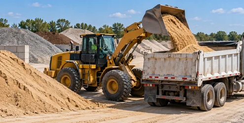 Front loader loads construction sand for delivery at a materials supplier yard.