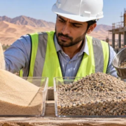 Engineer compares desert sand with graded construction aggregate during a sieve test to assess suitability