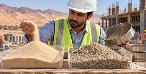 Engineer compares desert sand with graded construction aggregate during a sieve test to assess suitability