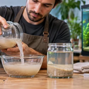 Aquarist tests a construction sand sample for residue and water compatibility before aquarium use
