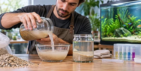 Aquarist tests a construction sand sample for residue and water compatibility before aquarium use