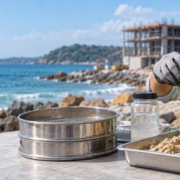 Engineer examines sea sand with shell fragments beside a water sample and graded aggregate during suitability testing.