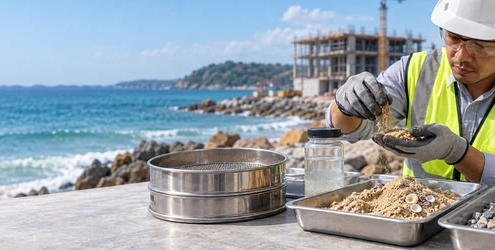 Engineer examines sea sand with shell fragments beside a water sample and graded aggregate during suitability testing.