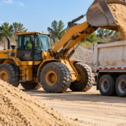 Loader fills a dump truck with construction sand while a contractor checks the delivery volume at an aggregate yard.