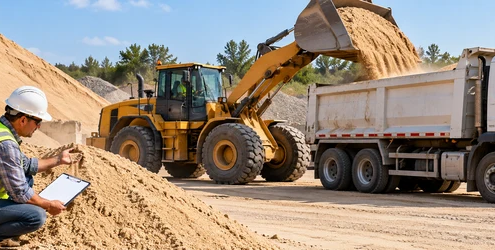 Loader fills a dump truck with construction sand while a contractor checks the delivery volume at an aggregate yard.