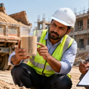 Contractor checks a measured construction sand sample while comparing the supplier’s delivered quote and quantity