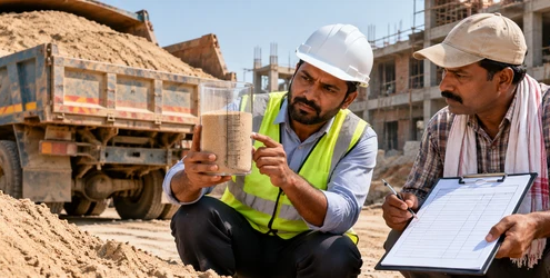 Contractor checks a measured construction sand sample while comparing the supplier’s delivered quote and quantity