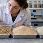 Materials technician compares construction sand samples of different grain sizes beside laboratory sieves.