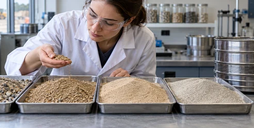 Materials technician compares construction sand samples of different grain sizes beside laboratory sieves.