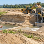 Engineer checks screened construction sand beside a controlled river quarry and washing plant.