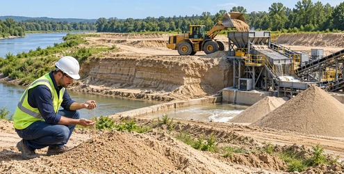 Engineer checks screened construction sand beside a controlled river quarry and washing plant.