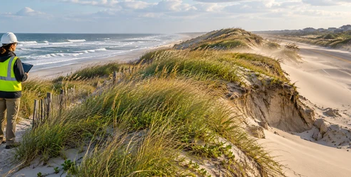 Coastal dune grasses buffer a road as wind erosion exposes the dune edge beside the shoreline.