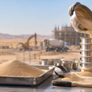 Engineer sieves fine desert sand and compares it with graded aggregate to assess grain size and construction suitability.