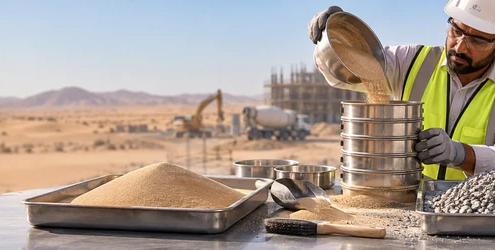 Engineer sieves fine desert sand and compares it with graded aggregate to assess grain size and construction suitability.
